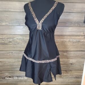 Black Swim Dress with Leopard Accent and V-Neck